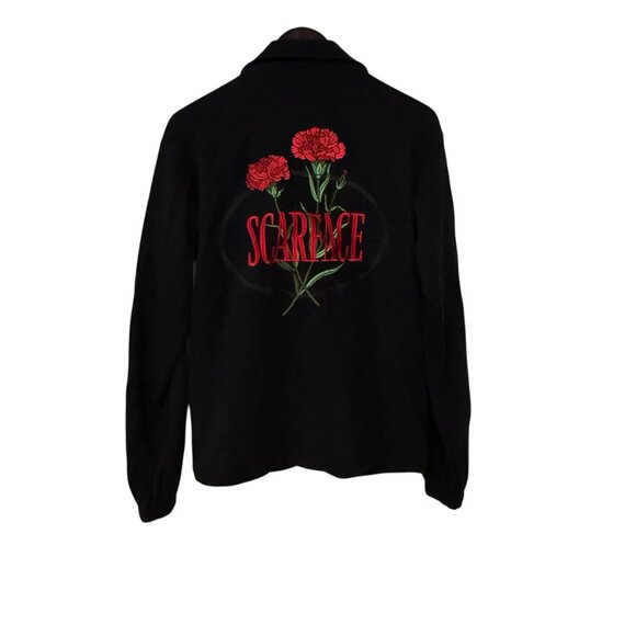 Scarface Embroidered Design Red Rose Button Up Corduroy Black Jacket Size Small - Picture 6 of 9